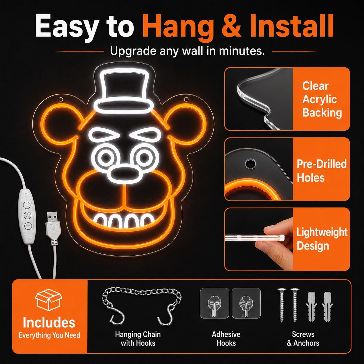 Bear Neon Sign for Game Room Decor, Orange LED Neon Light for Wall, USB Powered Gaming Wall Decor for Bedroom, Bar, Dorm, Kids Room, Gamer Gift for Birthday Christmas