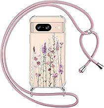 Yoedge Mobile Phone Chain Mobile Phone Case for Google Pixel 8 5G 6.17 Inch Case with Strap, Transparent Aesthetic Pattern Flowers Case with Cord for Hanging, Soft Silicone TPU + PC Shockproof