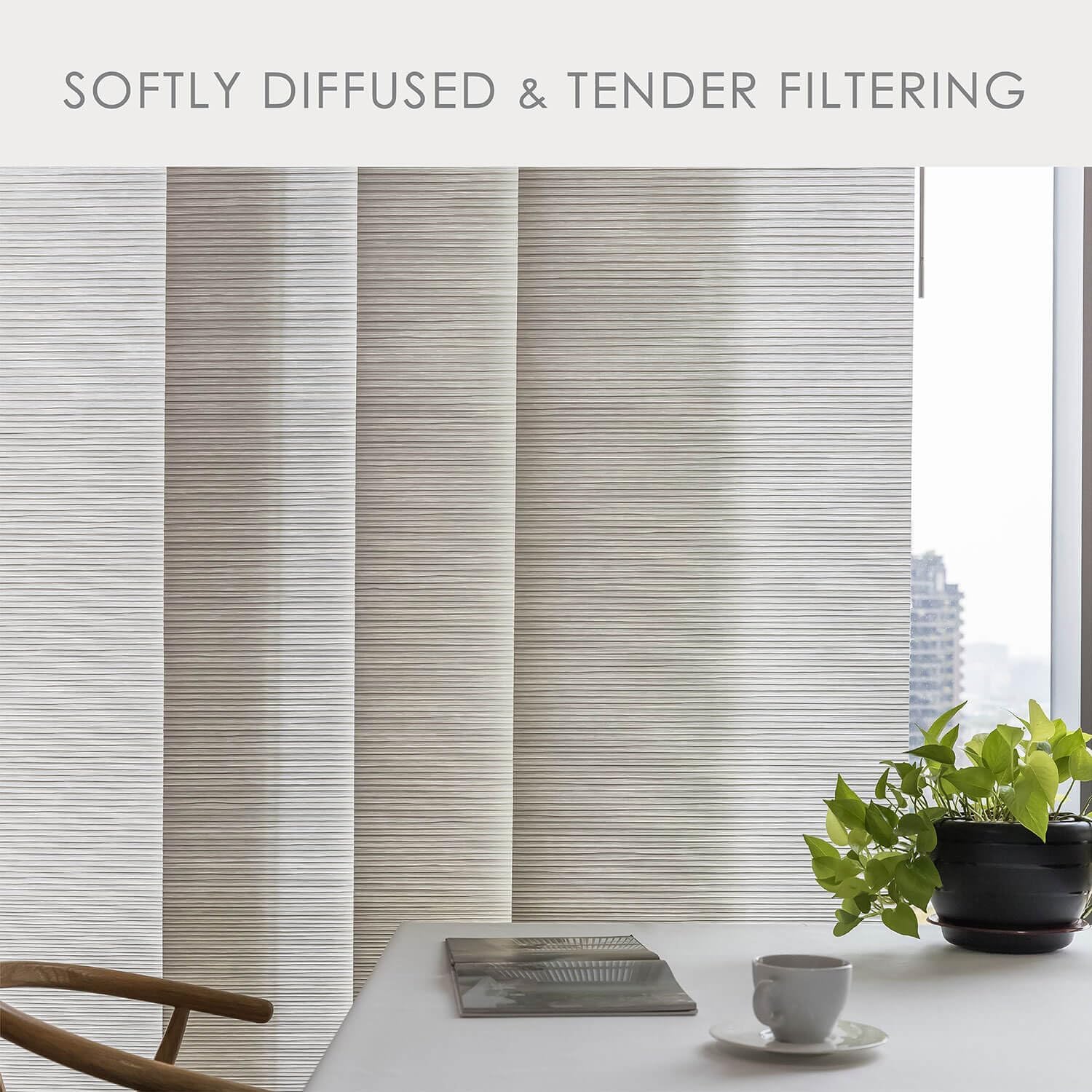 GoDear Design Deluxe Adjustable Sliding Panel Track Blind 45.8- 86 W x Up to 96 H, Extendable 4-Rail Track Vertical Blind, Trimmable Pleated Natural Woven Fabric, Stripes Pattern, Cottontail
