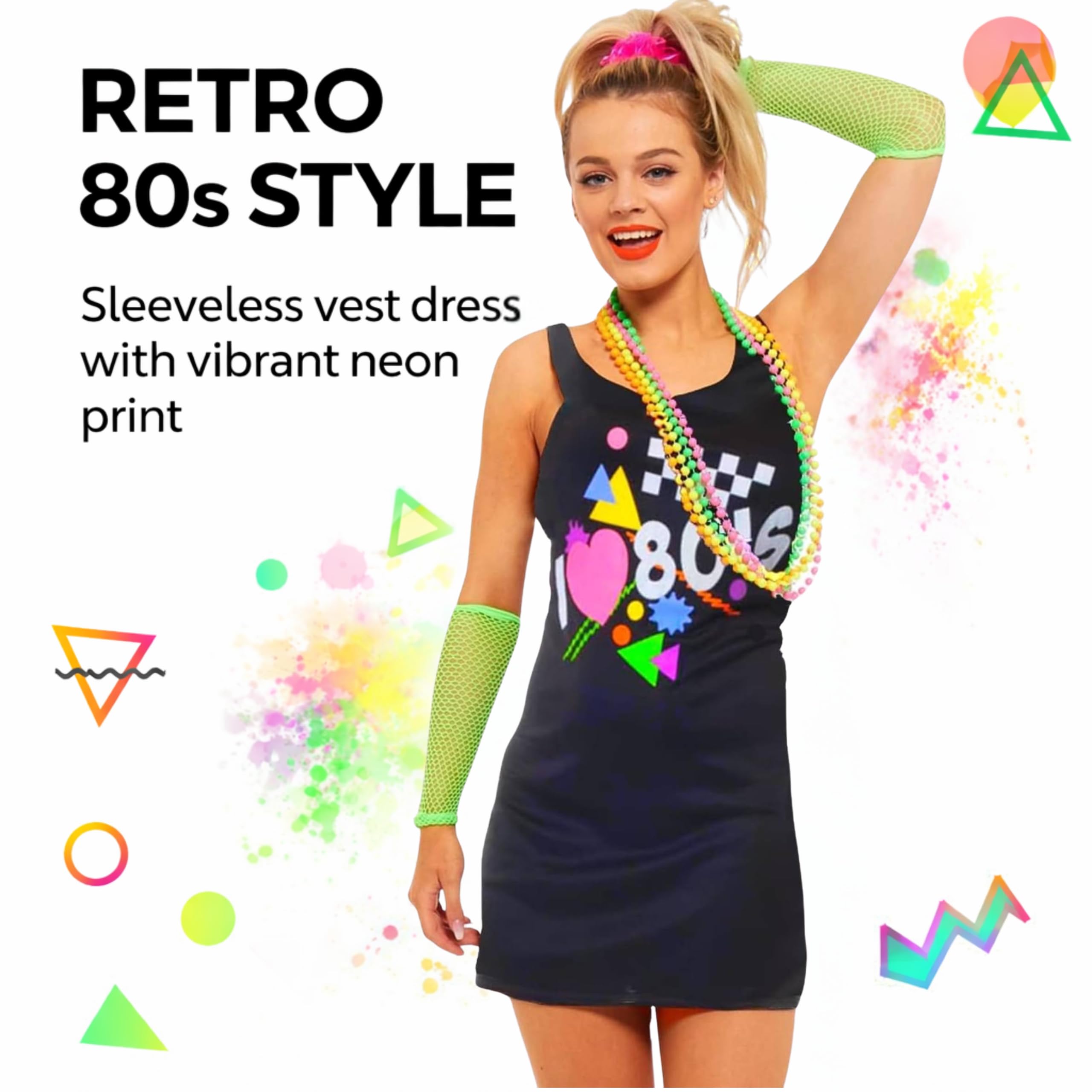 SoWest Women's I Love 80s Vest Dress – 1980s Neon Fancy Dress Sleeveless  Costume for Retro Parties,