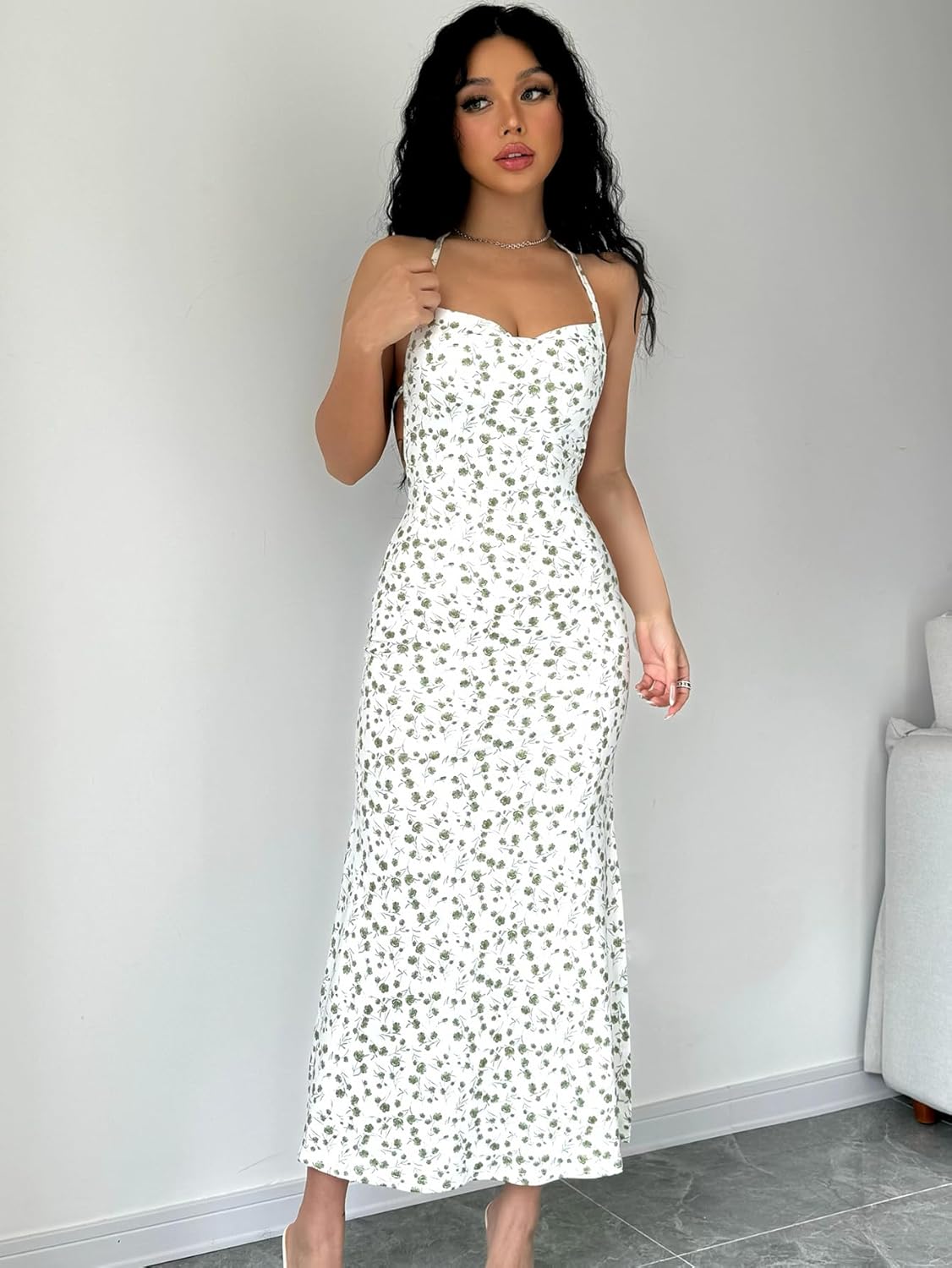 Women's Floral Sleeveless Backless Maxi Dress Party Bodycon Spaghetti Strap Long Dress - Image 3