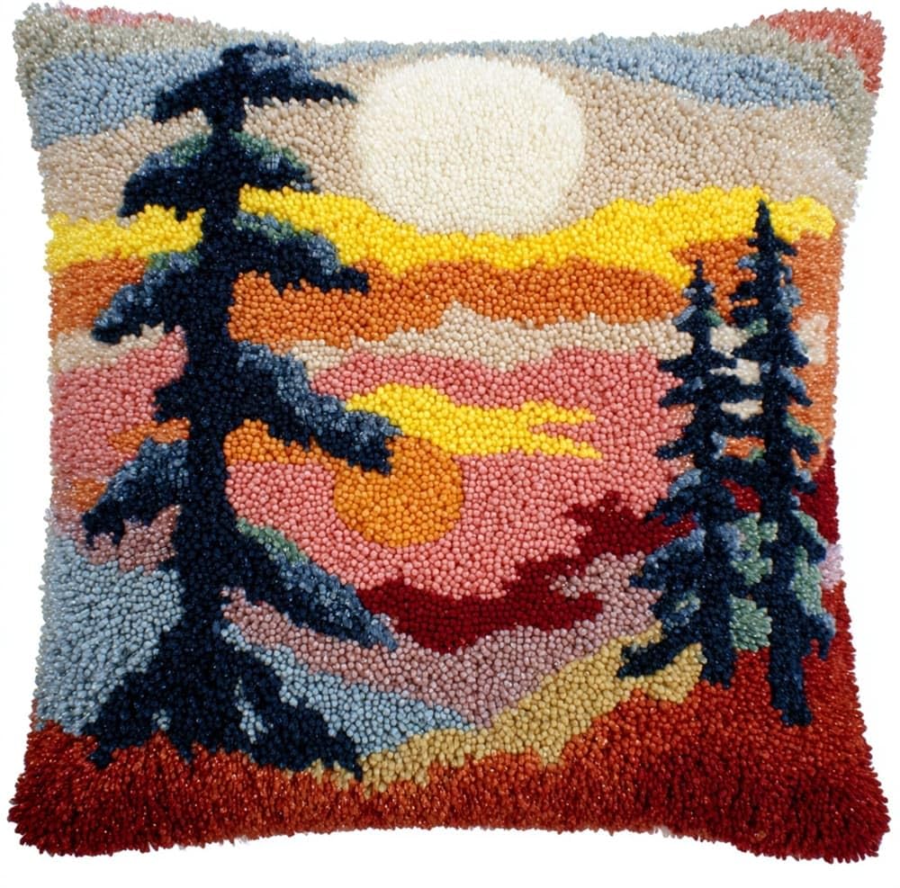 FWRTYCB Latch Hook Pillow Kits for Adults Sunset Mountain Tree Knitting Ki