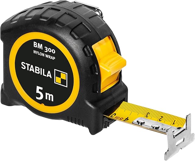 STABILA BM 300 Pocket Tape Measure 5M with Double Sided Metric Scale Shatterproof PC/ABS Housing SPIKES Hook Belt Clip MID Accuracy