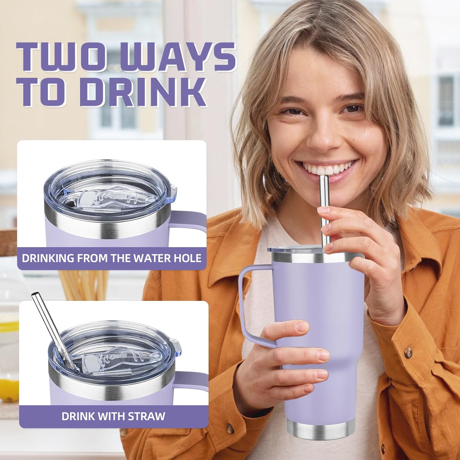 20 oz Tumbler with Handle Stainless Steel Insulated Coffee Mug Tumbler with Lid and Straw Double Wall Vacuum Insulated Coffee Mug Leak Proof Travel Tumbler for Hot and Cold Drink (Pale Purple,1pack) - Image 4