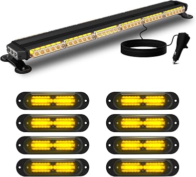 DOMXALL 38 Inch Double Sides of Aluminum Emergency Warning Strobe Light +8Pcs Emergency Grill Surface Mount Flashing LightsAmber
