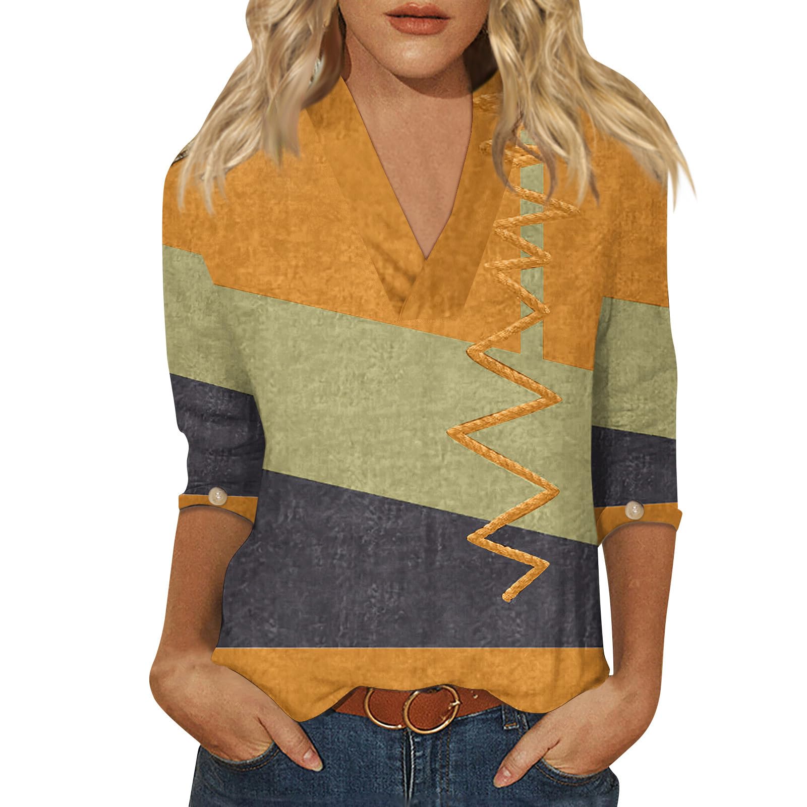 SCBFDI Blusas Mujer Tallas Grandes, Blusas Mujer Básico Escolar Verano Tops Manga De Siete Puntos Delgado V Cuello Geométrico, Camiseta Sexy Mujer