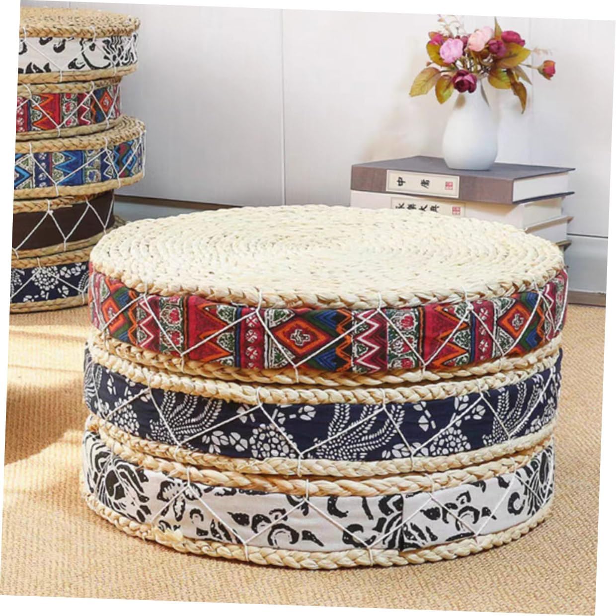 BESTYASH Bohemian Red Handwoven Woven Straw Floor Cushion Round Meditation Pad 30cm Diameter X 7cm Height Japanese-Style Tatami Sitting Pillow for Yoga and Home Seating