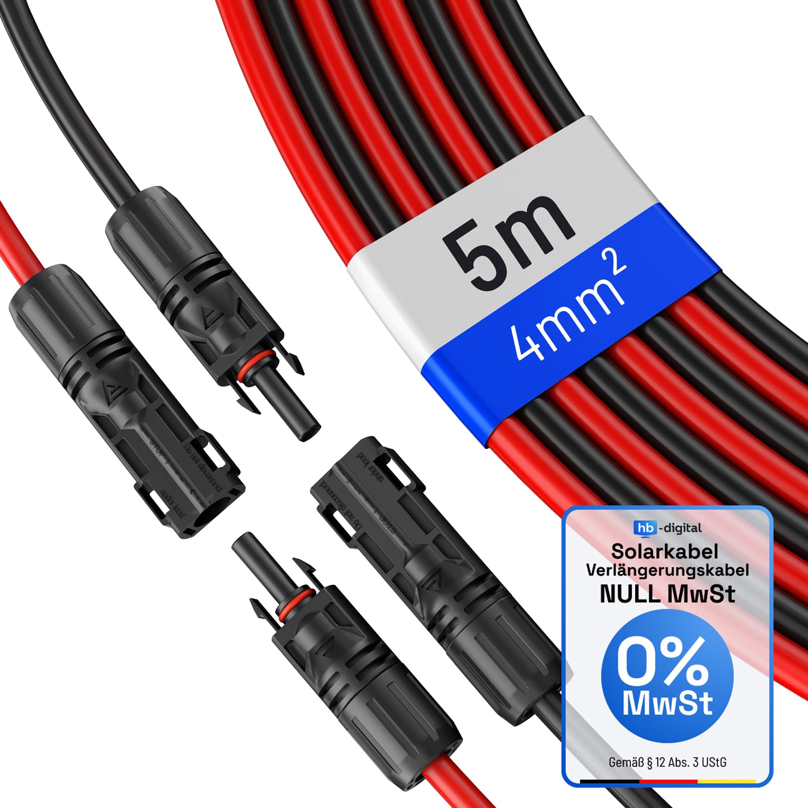 HB-DIGITAL Solarkabel 4mm²/6mm² Verlängerung 1/2/3/5/8/10/12/15M Solarkabel Verlängerungskabel (Rot/Schwarz) (4mm²5M) – inkl. 0% MwSt. gem. § 12 Abs. 3 UStG