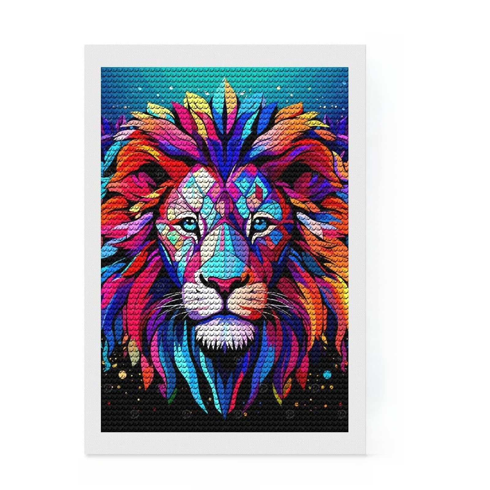 Junmoney Colorful Lion Portrait Diamond Painting Kit 8"x12", Mindful Craft Activity, Neat Printed Canvas, Modern Decor, Gift Idea, Adhesive Canvas