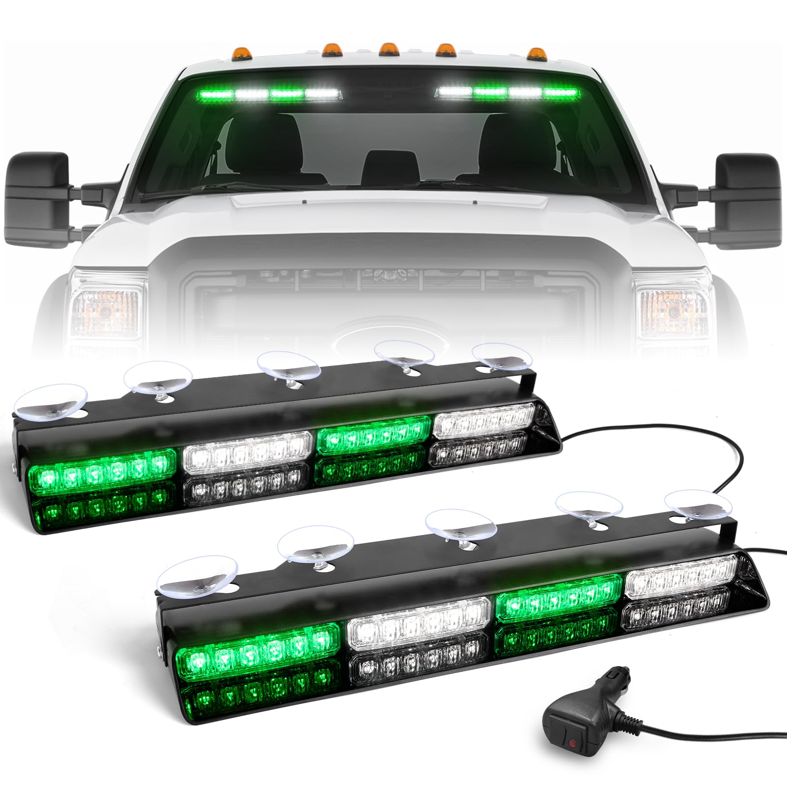 HLAUTO 6Z4J Emergency Dash Strobe Lights: 2x16.8 Green White Safety Lights, 48 LED Flashing Warning Hazard Interior Windshield Visor Traffic Light Bar for Trucks, Construction Vehicles