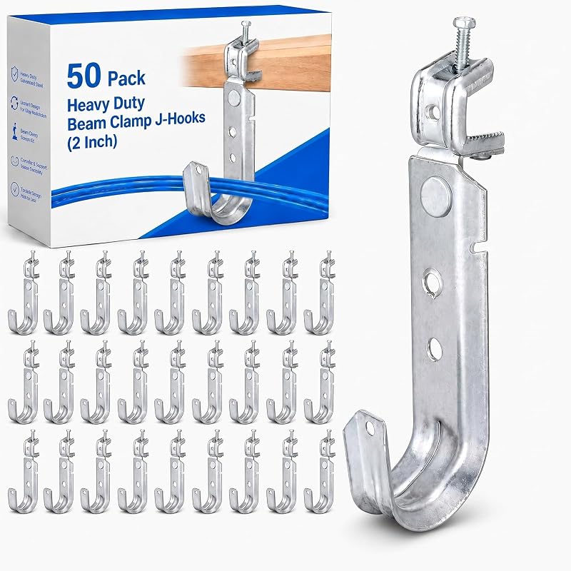 Tandefio 50 Pack Cable Support J Hook with Beam Clamp, Heavy Duty Metal Wire Cable Support J Hook Hangers for Wire Management (2 Inch)