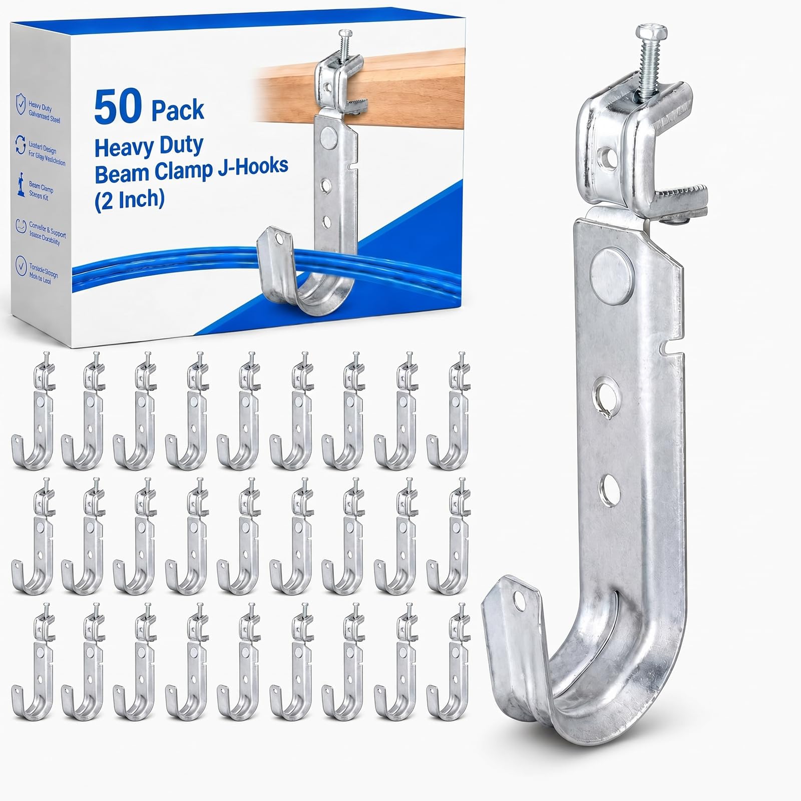 Tandefio 50 Pack Cable Support J Hook with Beam Clamp, 2 Inch