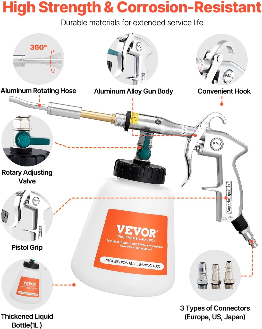 VEVOR Car Cleaning Gun, 6-9.2 Bar High-Pressure Air Blow Gun with 2 Set Nozzles & 1L Liquid Bottle, Vortex Cleaning Gun, Quickly Blasts Dirt and Dust from Surface, Suitable for 1/4 NPT Air Compressor