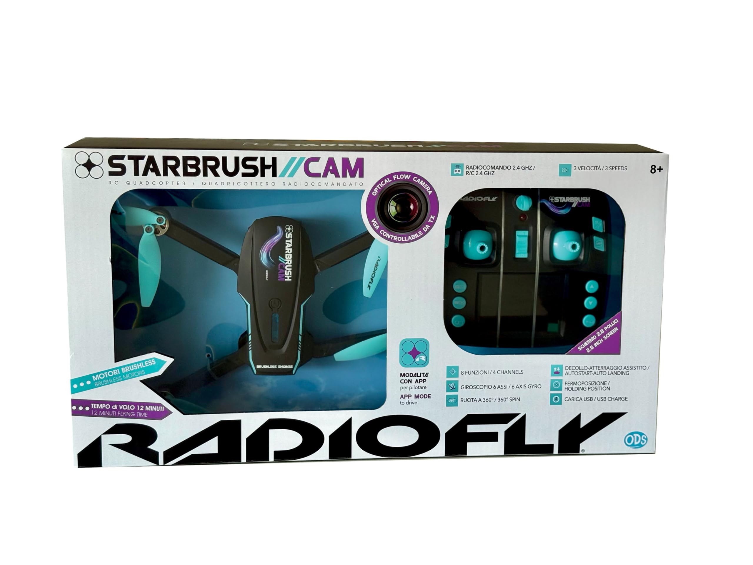 Radiofly - Star Brush - Drone RC 2.4GHz - Optical Flow Camera 0.3MP - Wi-Fi - App - 8 funzioni - 3 velocità - Flip - Decollo/Atterraggio assistiti - Motori Brushless - Schermo 2.8" - Slot SD