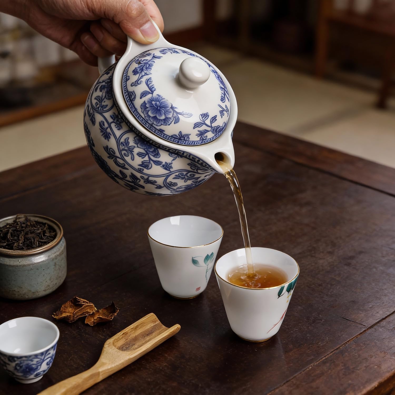 WAIT FLY Blue and White Ceramic Tea Pot with Removable Infuser, Teapot for Loose Leaf and Blooming Tea-Flower