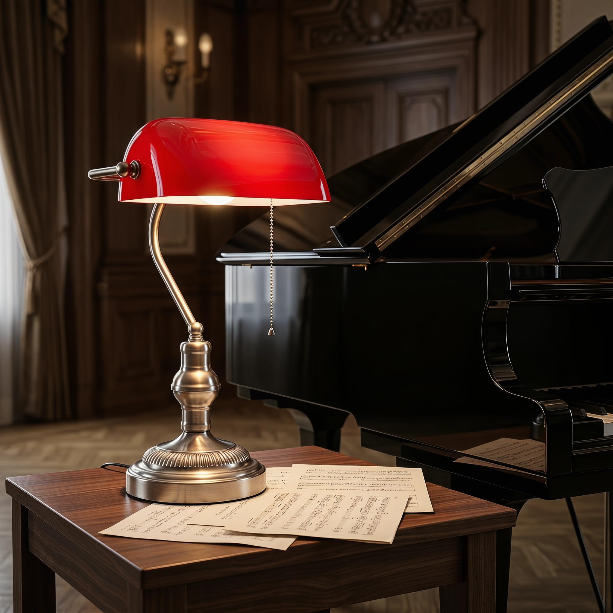 BARCELONA LED Bankerlampe Vintage Rot, Schreibtischlampe mit Glasschirm & Metallfuß in Nickel Satiniert, Retro Bürolampe im Industrial & Nordischen Stil, Klassische Tischleuchte mit E27 Fassung