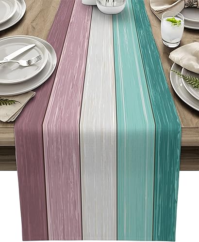 Miniatura 198 de Camino de mesa de algodón y lino estilo granja rústico retro, textura de madera de granero, color degradado marrón y gris, antideslizante,