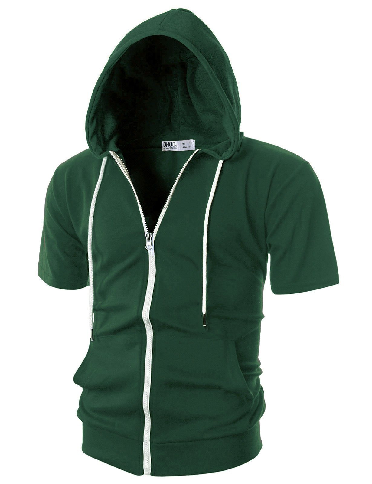 Ohoo Mens Slim Fit Short Sleeve Lightweight Zip-up Hoodie With Kanga Pocket