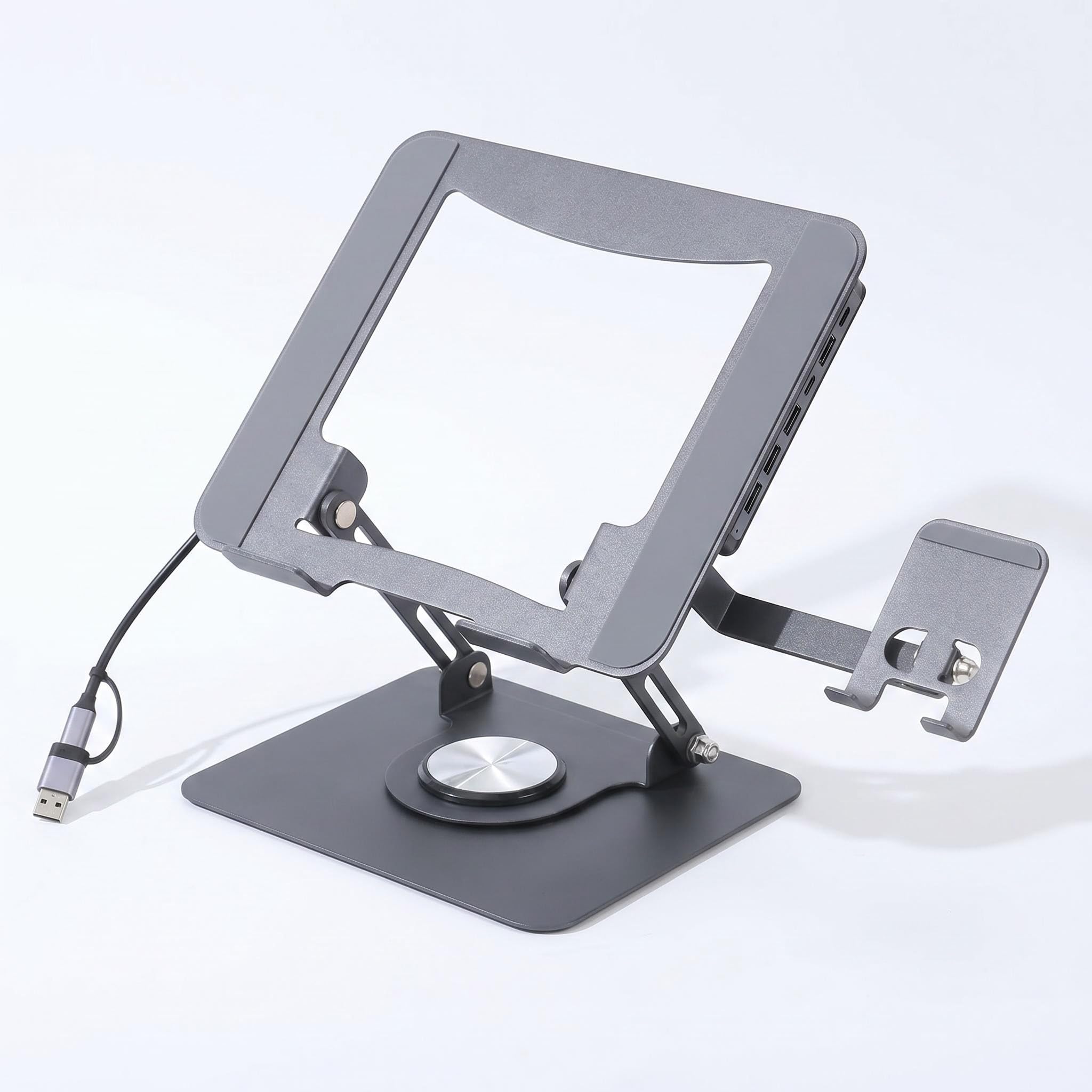 Supporto ergonomico per portatile con hub USB e supporto per cellulare, girevole a 360°, in metallo, regolabile, per ufficio e casa