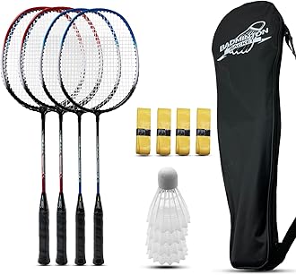 Badminton Rackets Set of 4 for Outdoor Backyard Games, Including 4 Racquets,4 Shuttlecocks, 4 Replacement Grip Tapes & 1 Carry Bag
