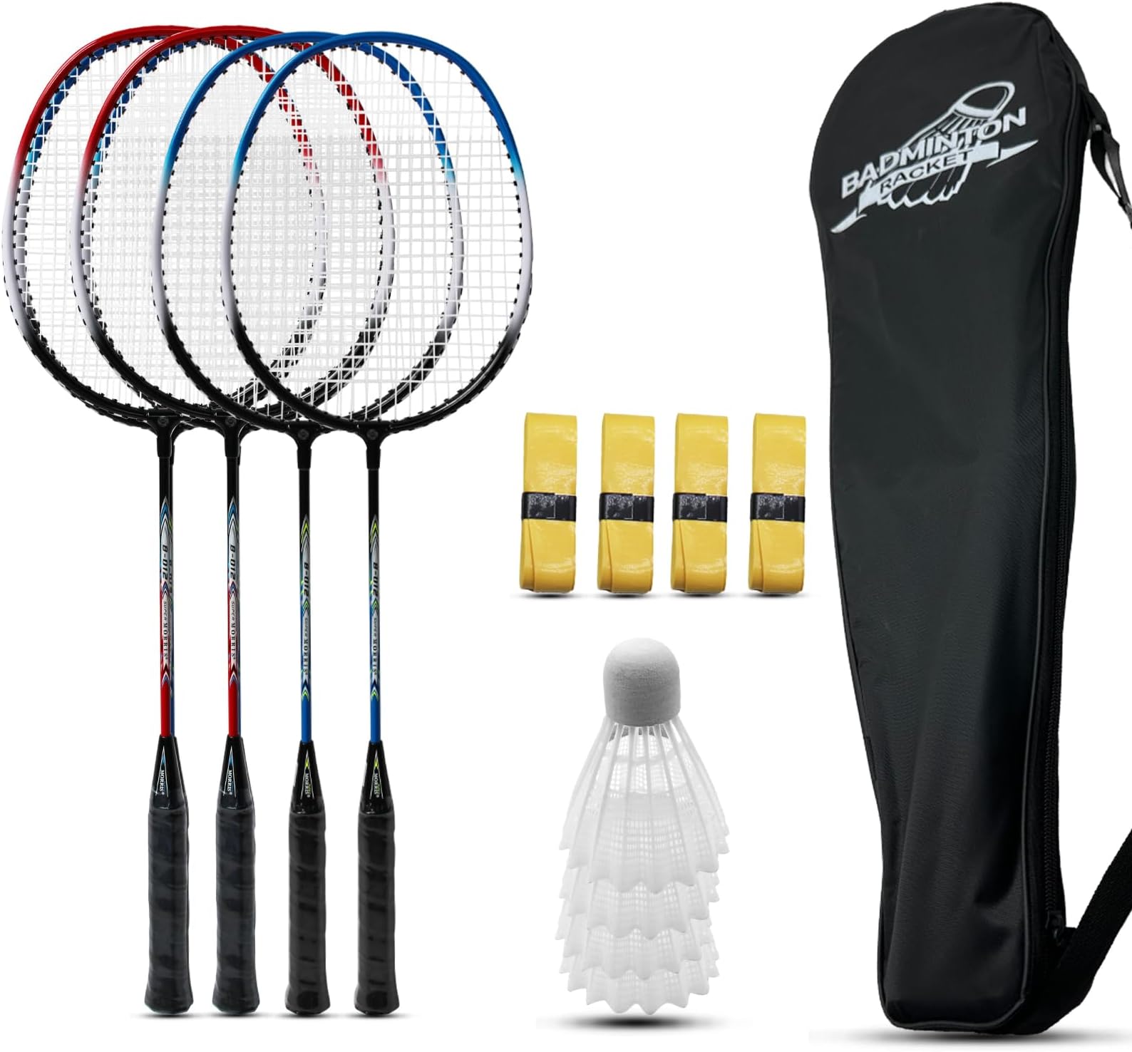 Badminton Rackets Set of 4 for Outdoor Backyard Games, Including 4 Racquets,4 Shuttlecocks, 4 Replacement Grip Tapes & 1 Carry Bag