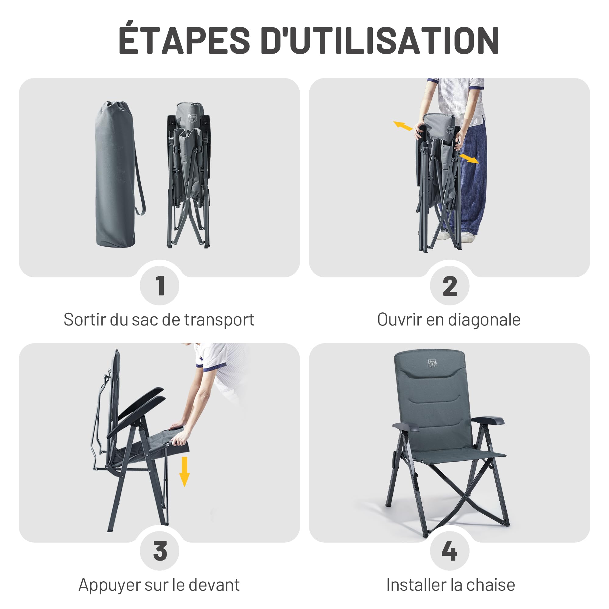 TIMBER RIDGE Fauteuil Jardin Exterieur 150kg Chaise Pliante Camping Portable Dossier Haut 4 Positions Réglables Fauteuil Realx Inclinable pour Terrasse Balcon Jardin Camping Pique-Nique