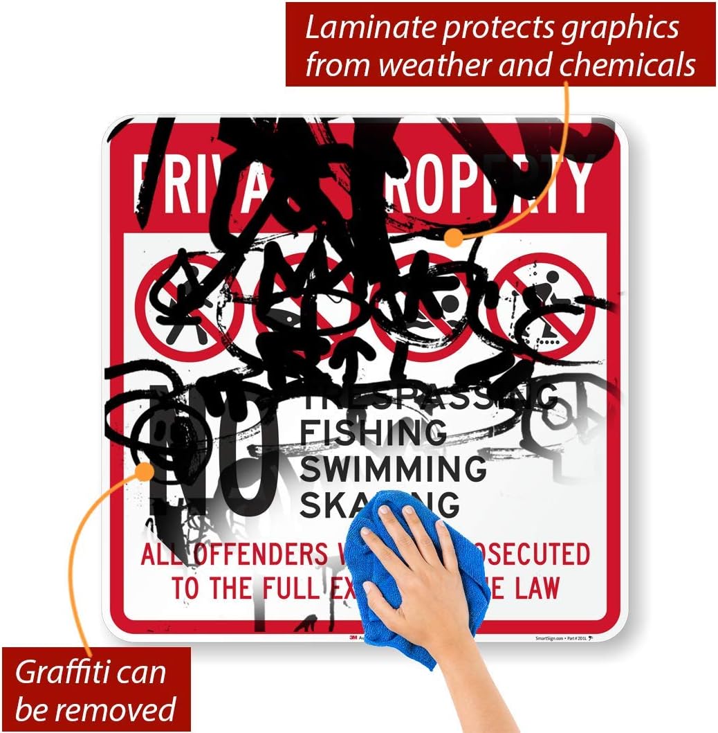 SmartSign "Private Property - No Trespassing, Fishing, Swimming, Skating. Offenders Prosecuted" Sign | 24" x 24" Aluminum