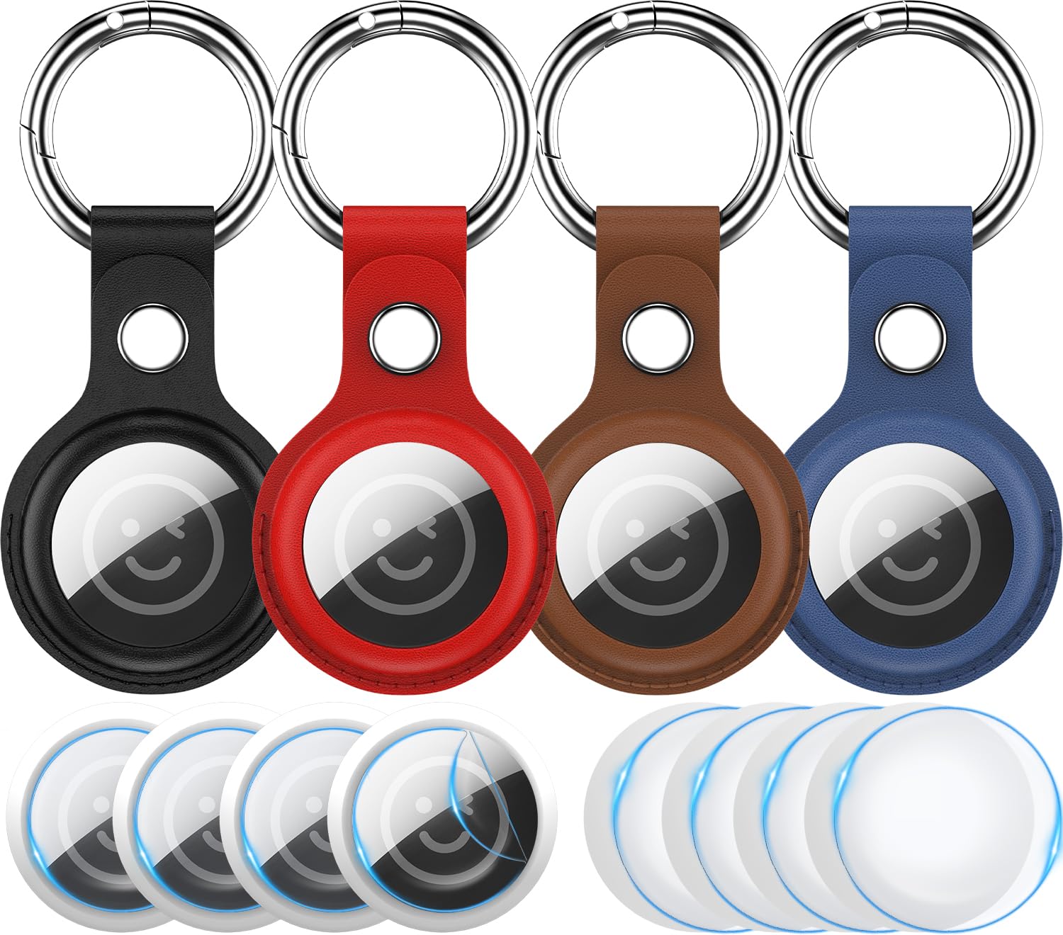 RFUNGUANGO Apple AirTag Holder with Key Ring 4 Pack AirTag Case, Leather Protective AirTag Case for Kids, Pet, Luggage, Backpack, Key - Black/Brown/