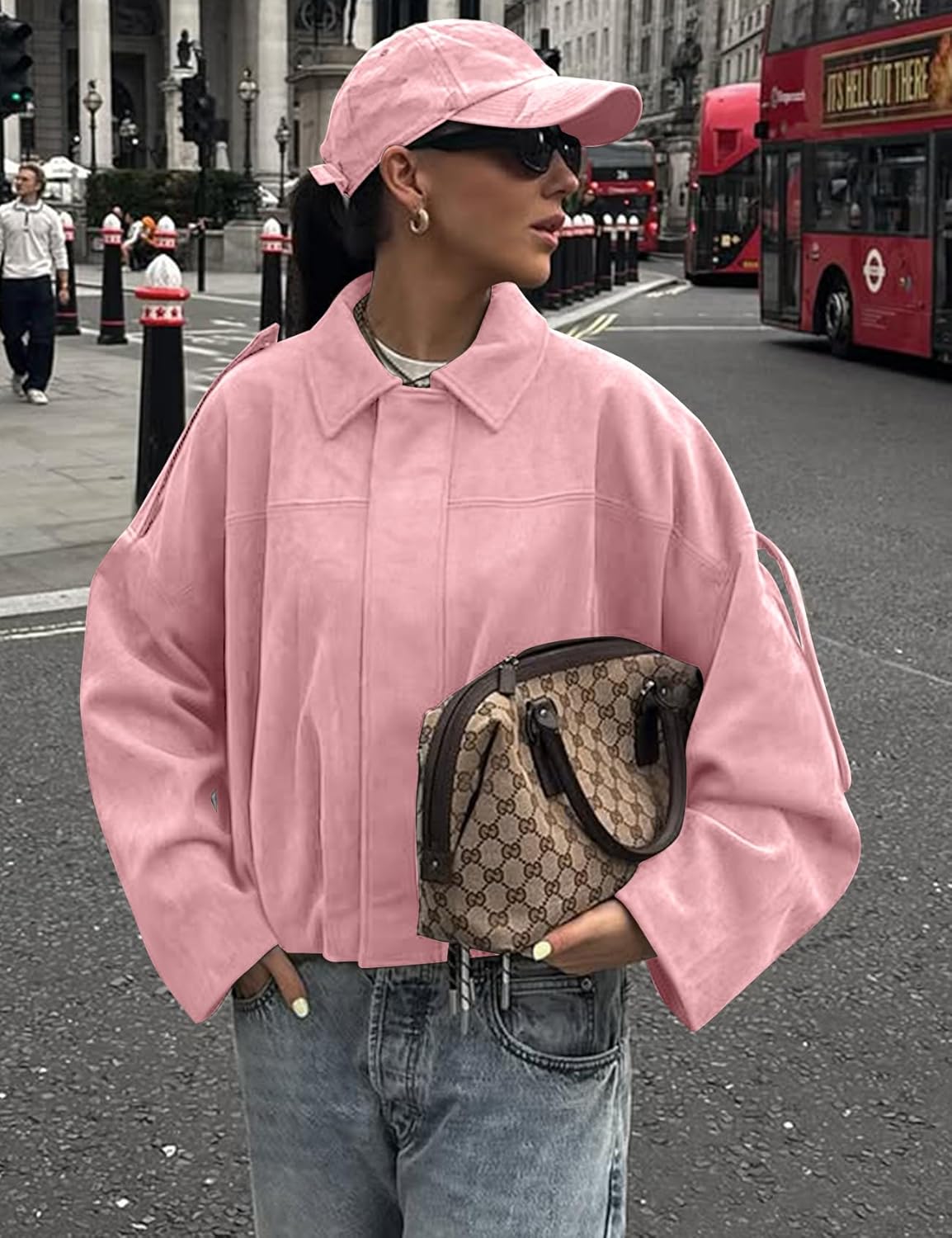 Kissonic Women's Oversized Jackets Faux Suede Bomber Jacket Lapel Pilot Cropped Casual Coat for Streetwear Outerwear - Image 3