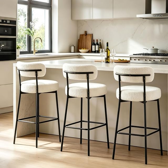 DYHOME Bar Stools Set of 3, White 28 Inches Counter Height Bar Stools,Upholstered Boucle Barstools with Back, Mid-Century Modern Bar Chairs for Kitchen Island, Dining Room, Christmas