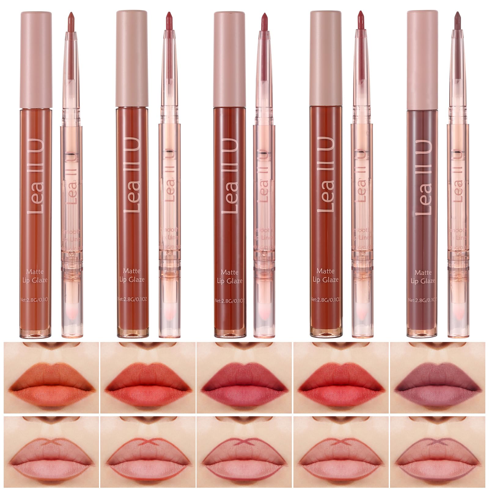 Lea ll U Lip Liner & Lip Glaze Set, Waterproof Smooth Lip Liner, Long Lasting Matte Lip Glaze, Velvet Lip Glow, 2 Pcs, Nude Lipstick, 5 Colors (03#Rose Cocktail)