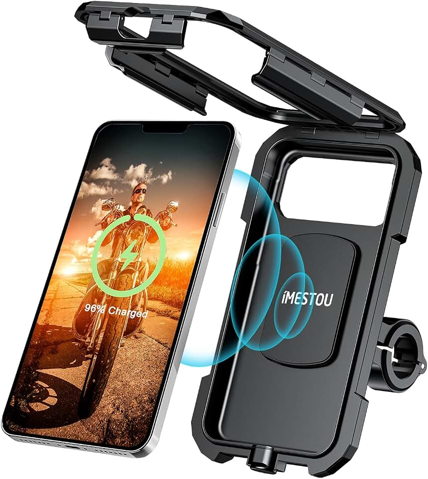 iMESTOU Impermeable IP67 Soporte para Teléfono de Motocicleta Inalámbrico/USB C Cargador Carga Rápida con Interruptor para Teléfonos de 5.5 a 6.8 Pulgadas Funciona con Motocicletas de 12V/24V