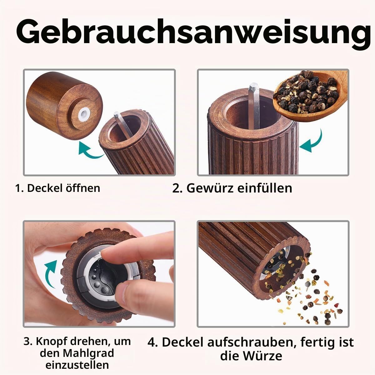 Salz- und Pfeffermühlen Set aus Holz – Manuelle Gewürzmühlen mit Keramikmahlwerk, Einstellbare Mahlstufen, Rutschfestem Design und klarer S&P-Kennzeichnung 16,5cm (MIT Untersetzer)