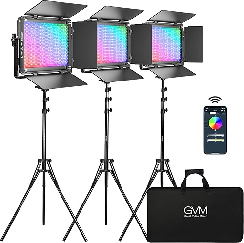 GVM - Luz de video RGB de 65 W con control Bluetooth, kit de iluminación de video LED 1300D, 25000lux/1.6 ft, kit de iluminación de fotografía a