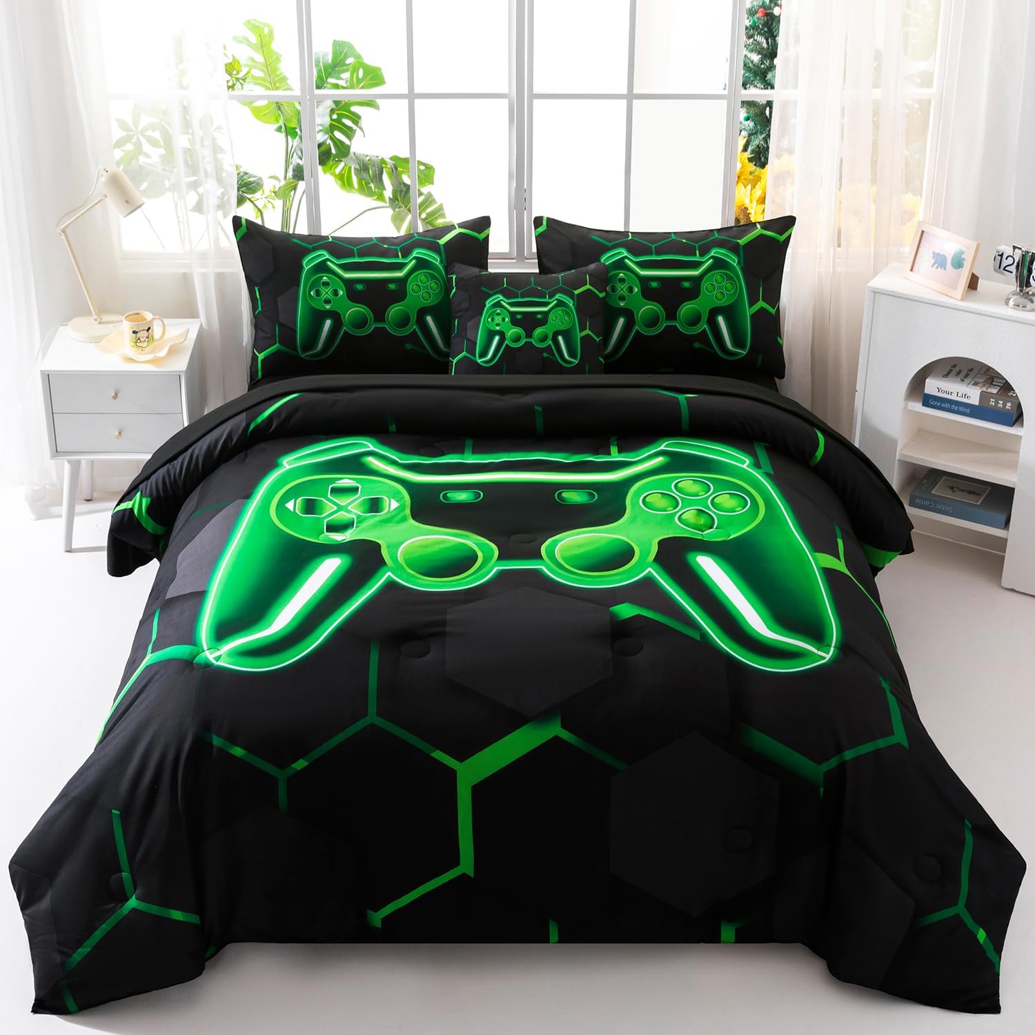 6Pcs Game Console Comforter Set with Sheets Twin Size Green Gamer Bedding Set for K...