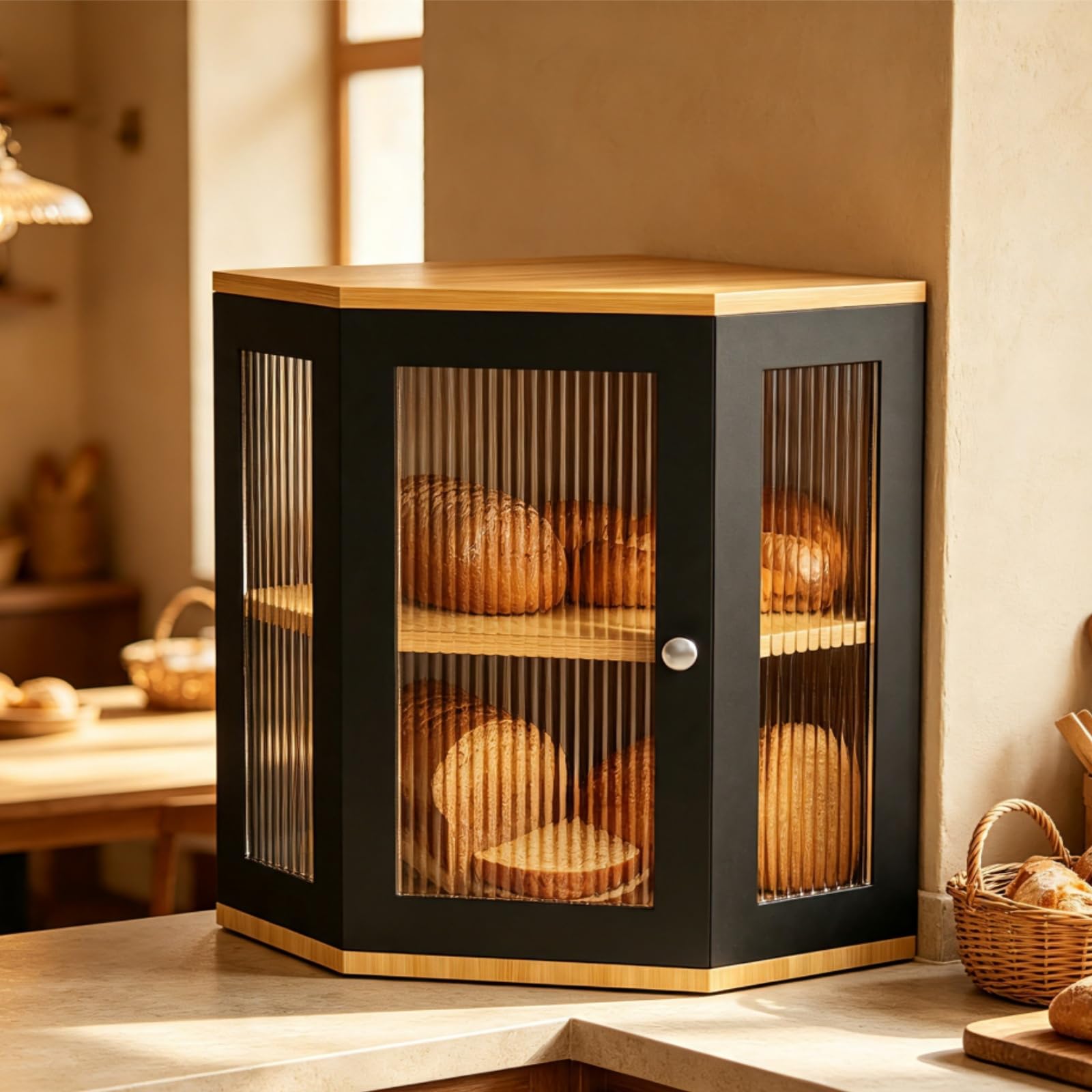 Panera de madera de 2 niveles con ventana, estantería esquinera de cocina para pan y utensilios de cocina, ahorra espacio y elegante, 29,5 x 29,5 x 35 cm, color negro