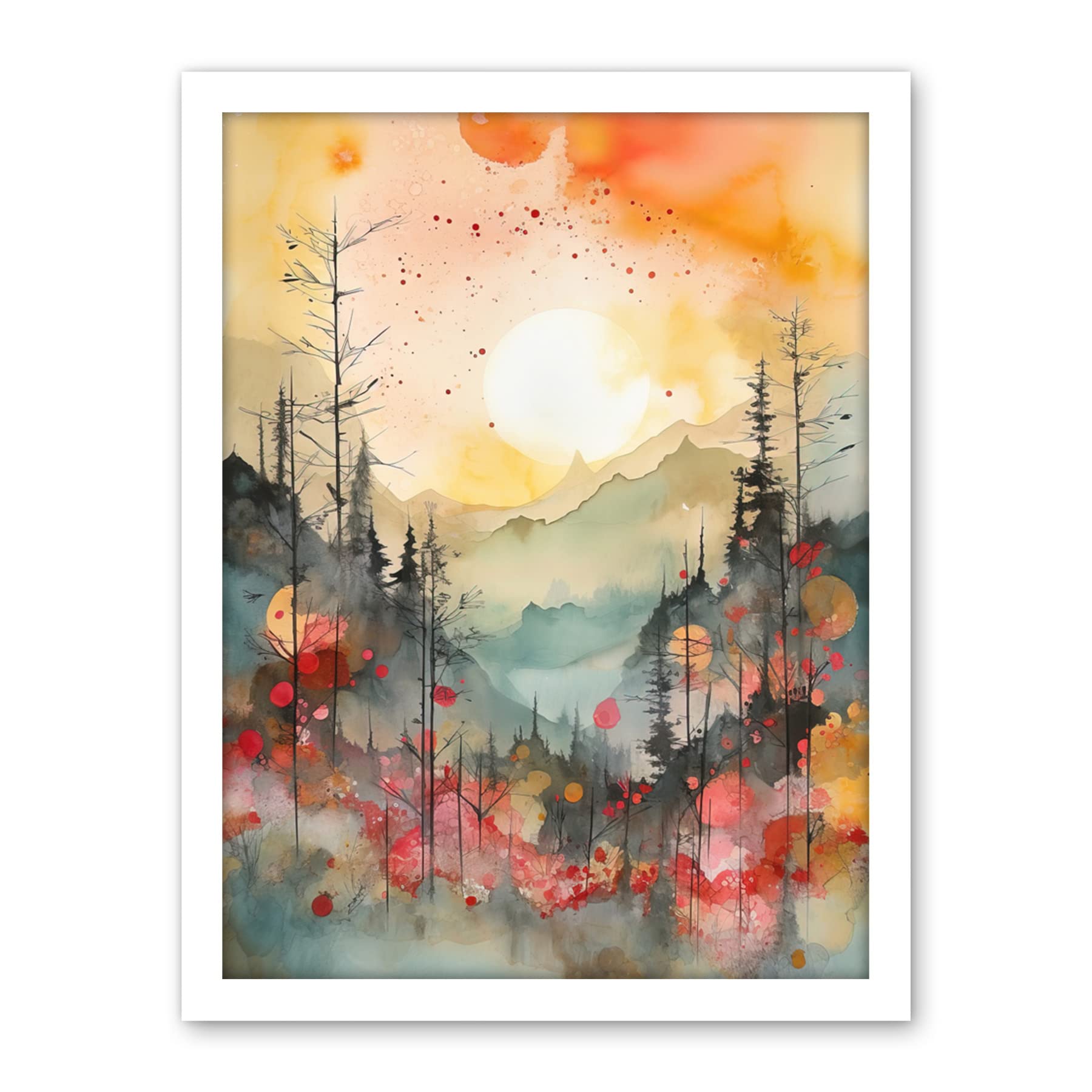 Artery8 Sunrise Over Misty Mountain Forest Landscape Modern Watercolour Painting Artwork Framed Wall Art Print 18X24 Inch