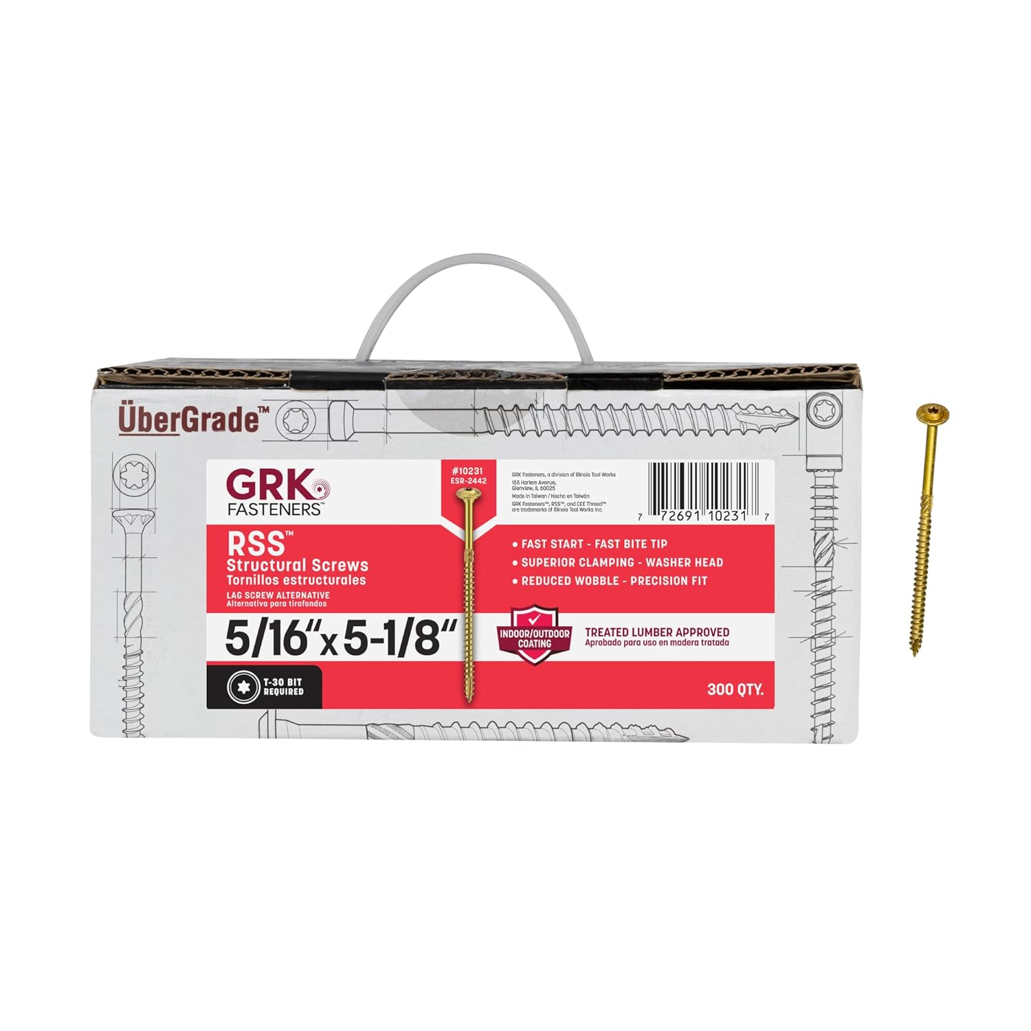 GRK Fasteners RSS™ 5/16 x 5-1/8 Inch, Structural Screws, 300 PCS, Rust Resistant Climatek™ Coating, Heavy-Duty Framing & Decking Screws, Fast Bite Tip, Star Drive Recess, Gold