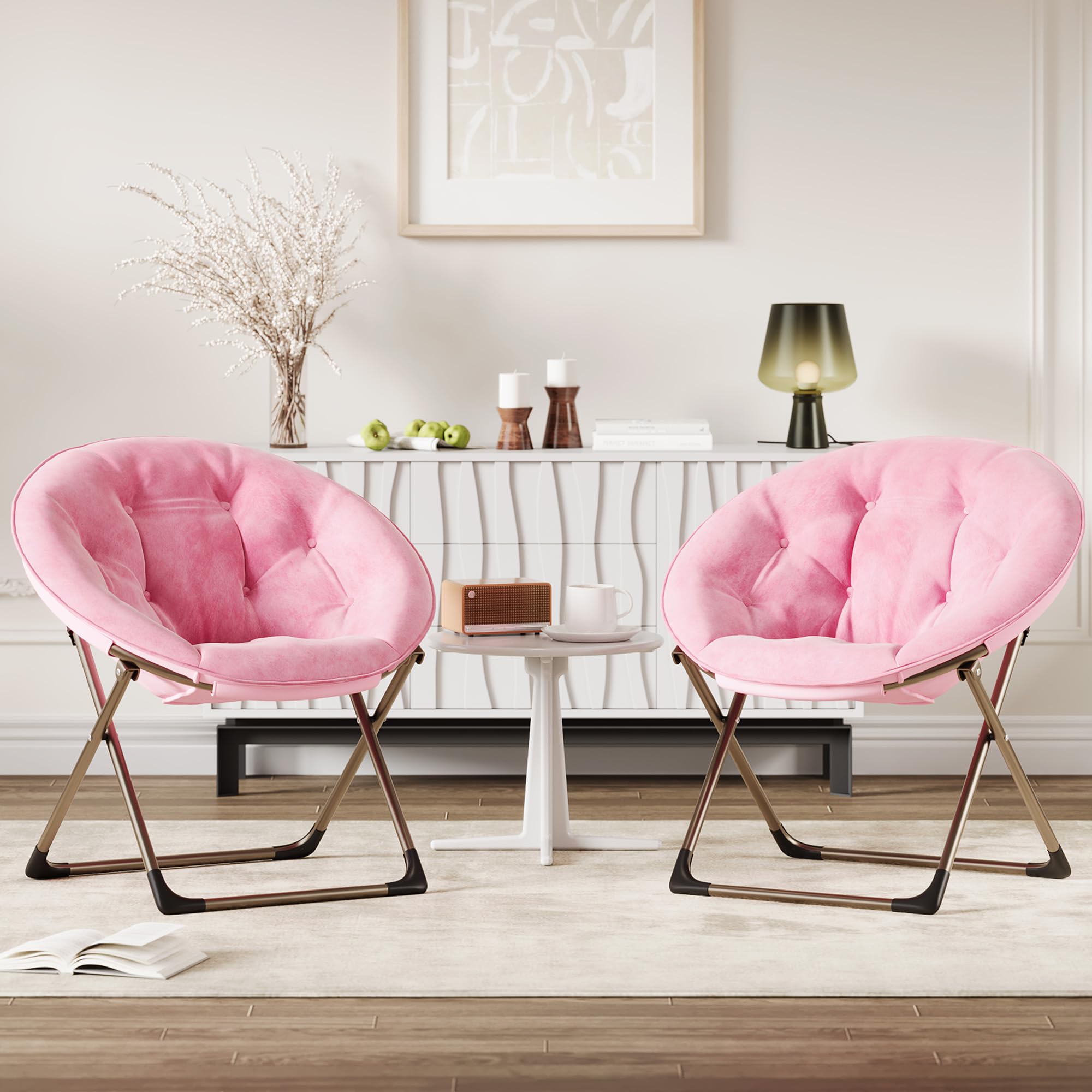 Garvee Silla Moon Plegable de Felpa Suave para Dormitorio - Estructura Metálica Resistente - Oversize y Cómoda - Ideal para Adultos, Adolescentes y Niños - Lectura y Descanso - Rosa con Patas Doradas