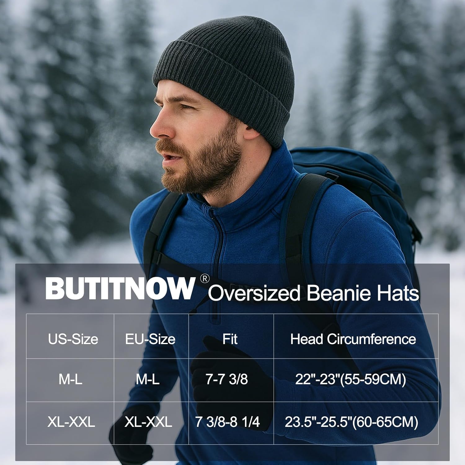 Plus Size Fleece Lined Beanie Hat - M/L/XL/XXL Merino Wool Beanie Hat for Men - Large Winter Hat Ski Skull Cap for Big Heads - Image 2