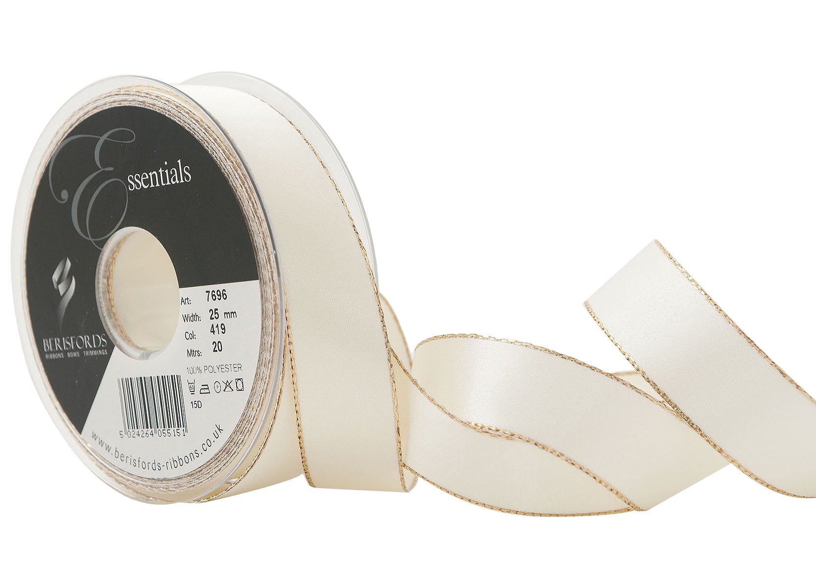 Berisfords 25 mm Polyester Yarn Gold Edge Satin Ribbon, Bridal White