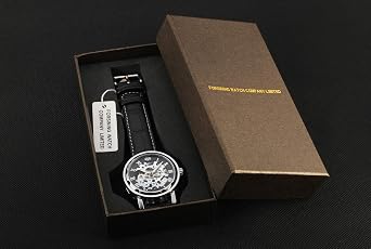 GLEIM Men's Watch, Mechanical Skeleton Steampunk Design Automatic Self-Winding Roman Numeral Silver Case PU Leather Wrist Watch