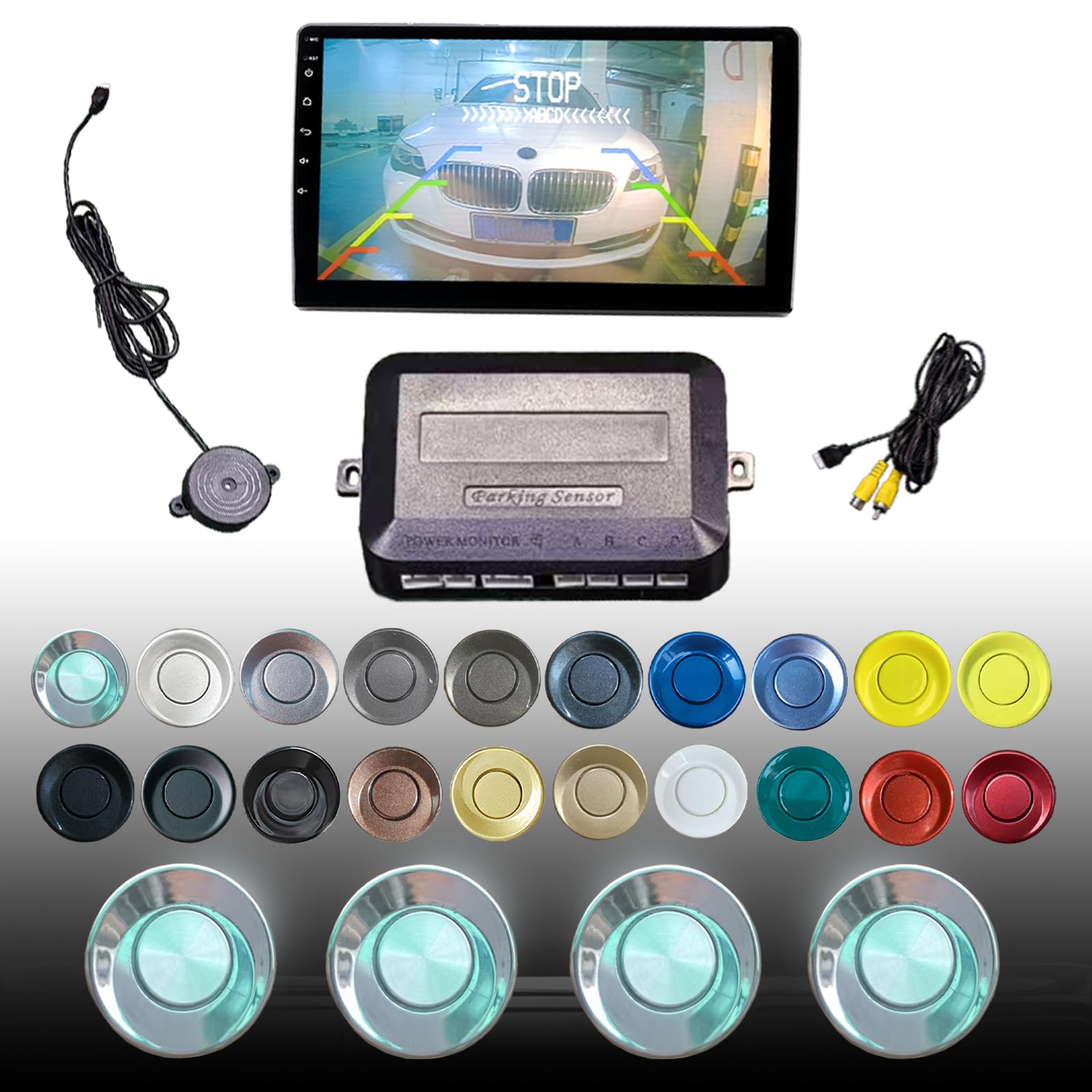 Parking Sensor Kit LCD - Displays Data on Original Screen, Easy Rear Installation, Compatible with All Camera Formats (AHD, CVBS), 20 Probe Colors to Match Any Vehicle（Chrome）