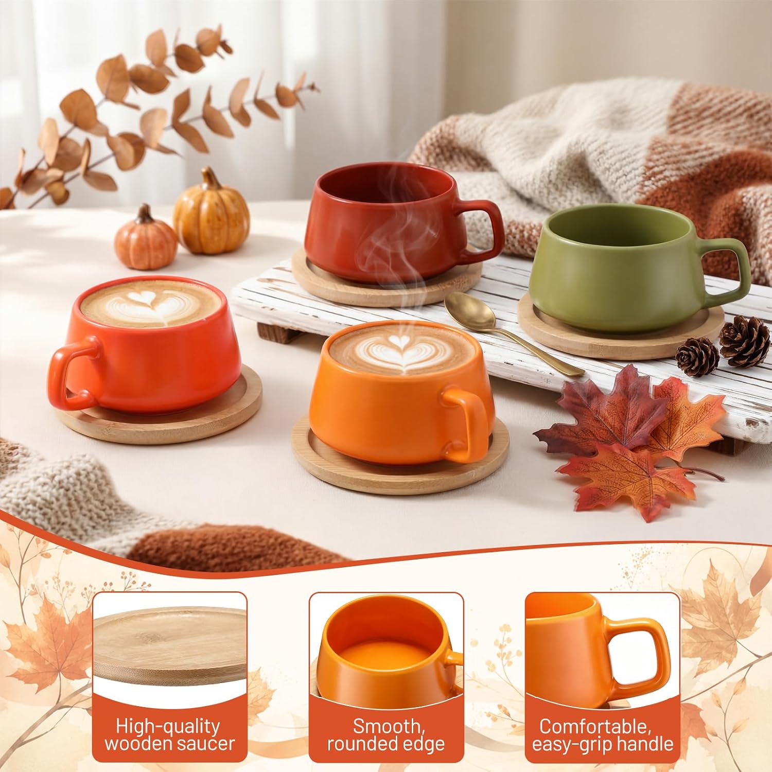 Rtteri 4 Pack 11 oz Fall Cappuccino Cup, Latte Mugs with Saucer