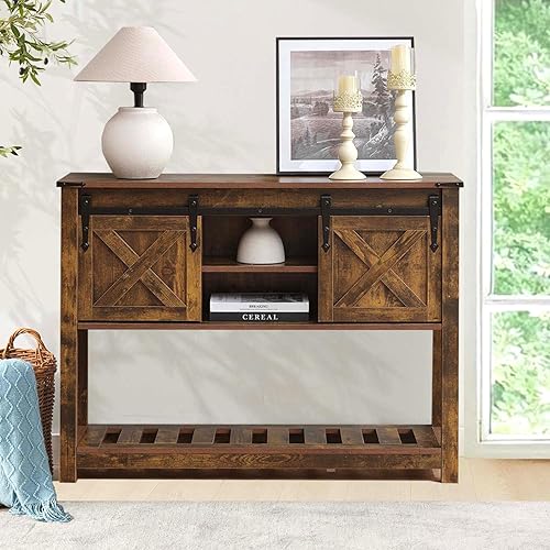 Mesa de entrada de granja marrón, mesa de pasillo rústica con estante de almacenamiento, mesa de sofá con puertas correderas de granero para
