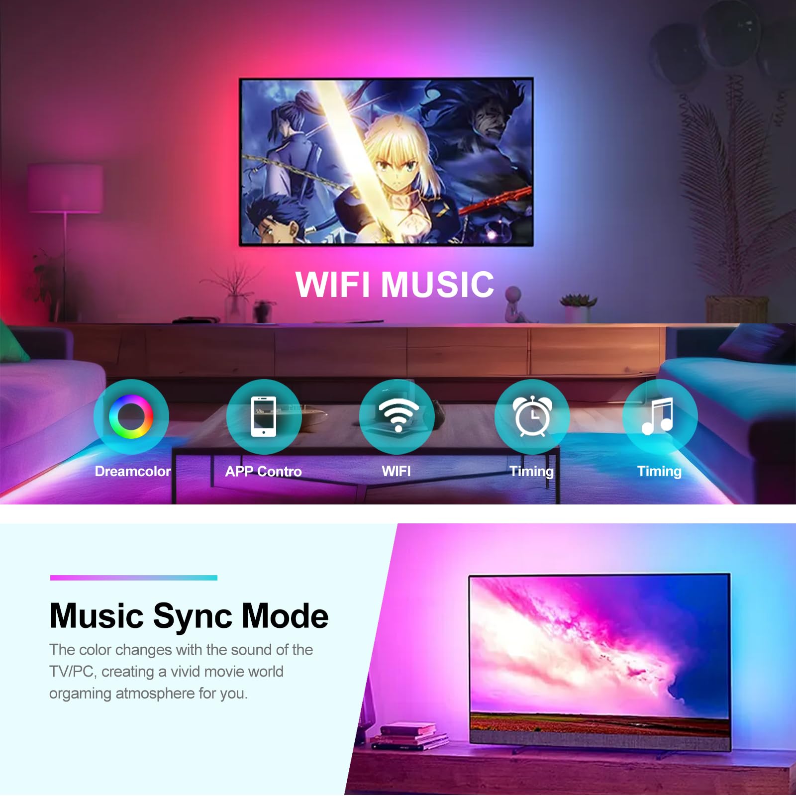 KISUFU 24V WS2811 Tiras LED, 5050 RGB LED Strip Light, 60 Leds/m Flexible IP68 Impermeable Flexible Neón LED Luces con Wifi music 24 teclas ir controlador para Habitación, Sala de Juegos, Fiesta.