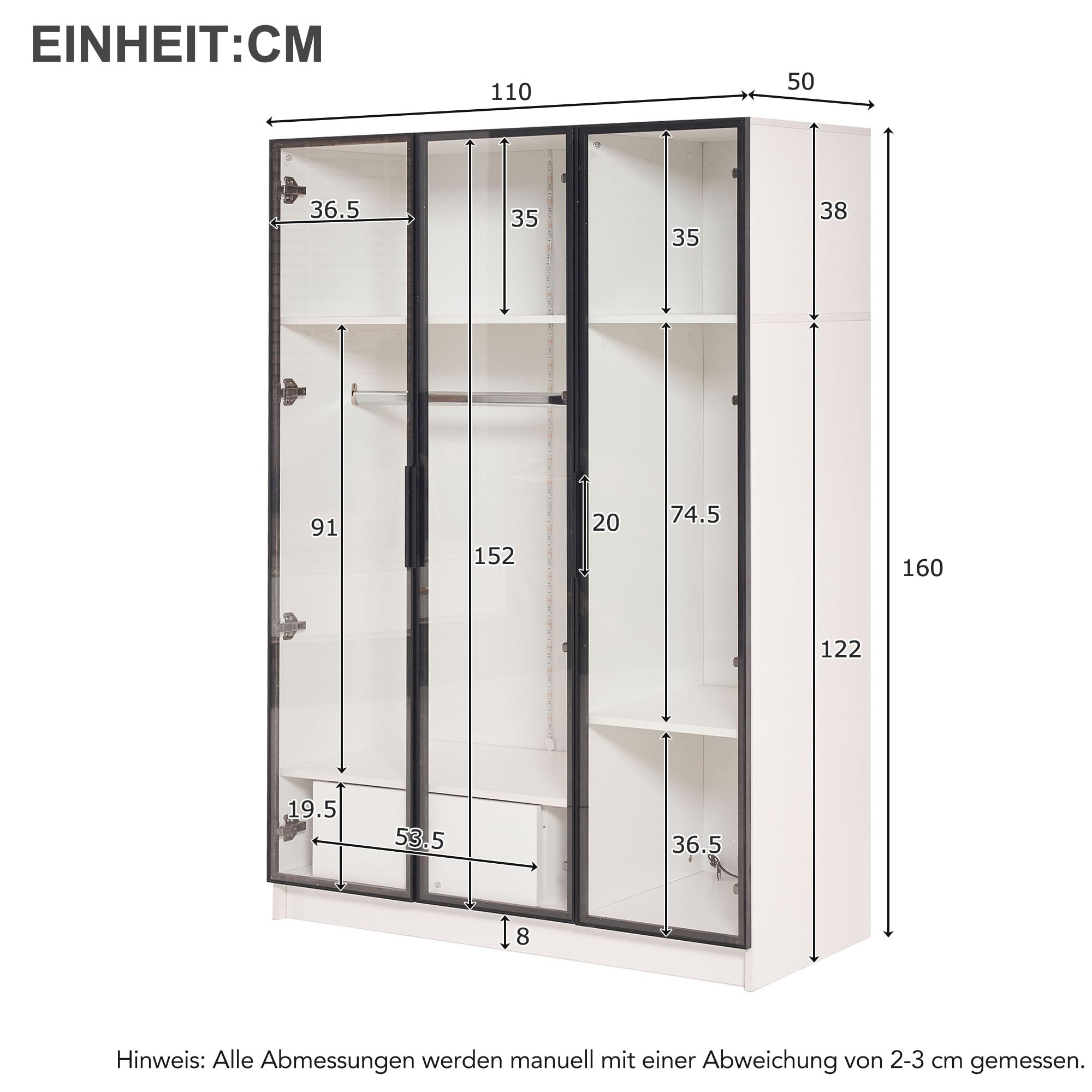 Merax Kleiderschrank 3-türig mit viel Stauraum, weißer Garderobenschrank mit LED, 3 Glastüren, 1 Schublade und 1 Kleiderstange, Vielseitiger Drehtürenschrank für Schlafzimmer, 110x160x50cm (B/H/T)