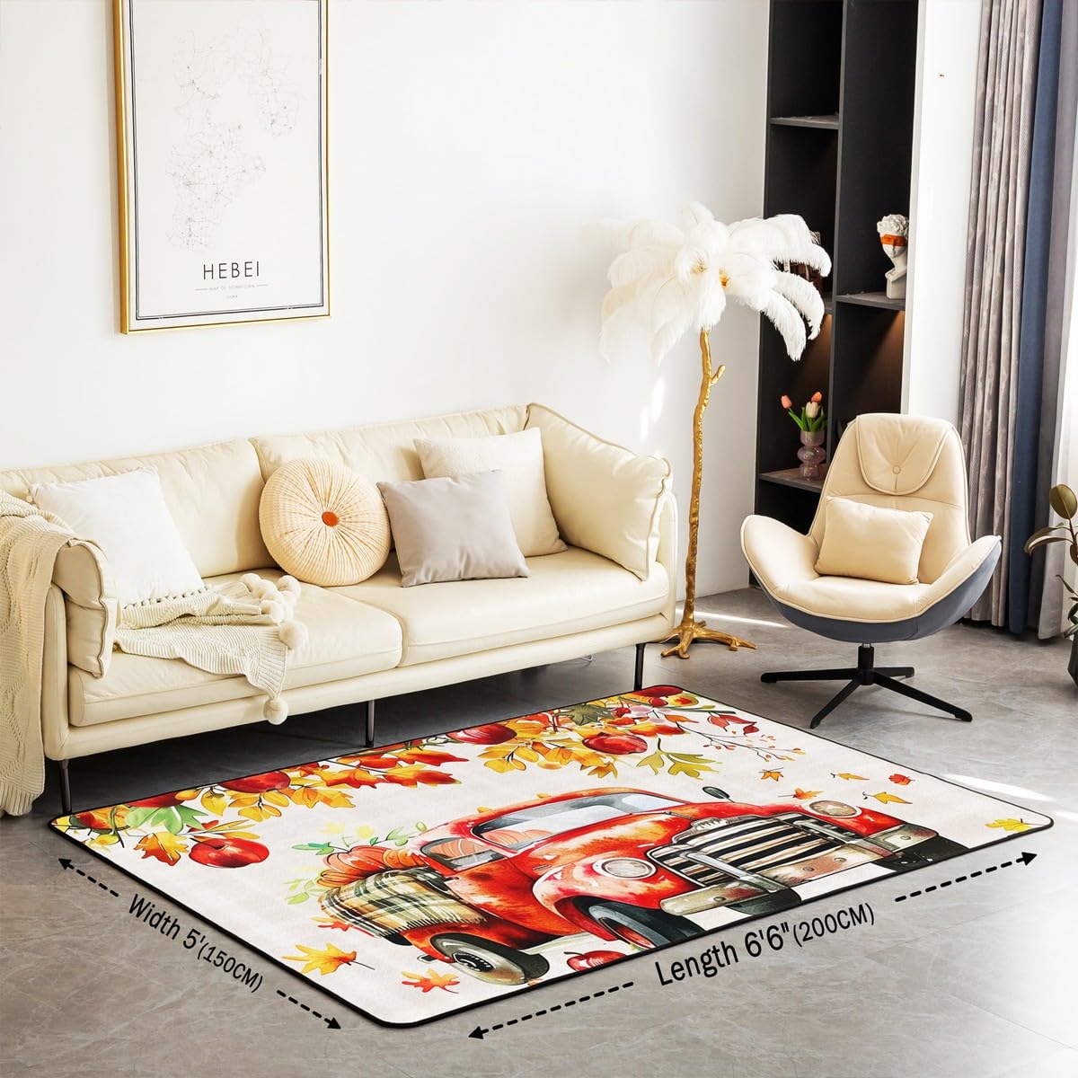 Dywan z motywem dyni 150 x 200 cm, Święto Dziękczynienia z nadrukiem samochodów nie gubi włosia prostokątny dywan, jesienne żniwa dzieci dziewczęta wewnętrzna mata podłogowa do salonu sypialni,