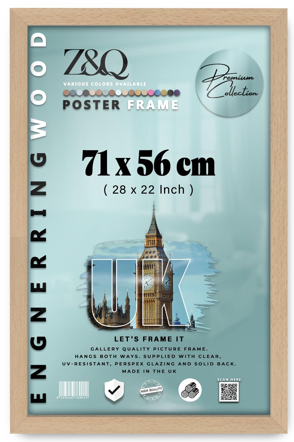 Z&Q - Premium Eton Wood (71 x 56 CM) Wall Gallery Frame | Ideal Wall Decor for Livingroom 28 x 22 Inch Frame for Art and Home Décor [ Beech ]