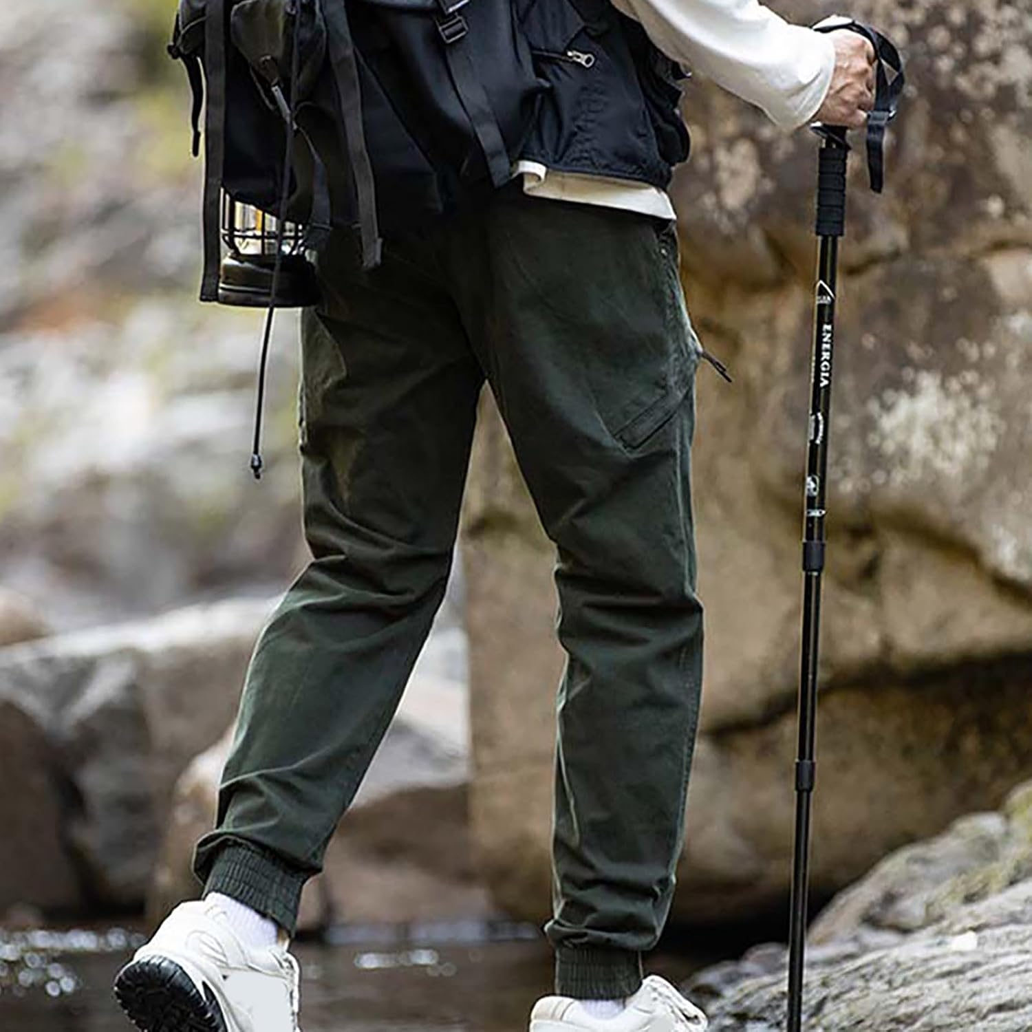 Akklian Cargo Pants for Men Cotton Casual Pockets Sweatpants Baggy Loose Fit Drawstring Elastic Waist Athletic Jogger Pants